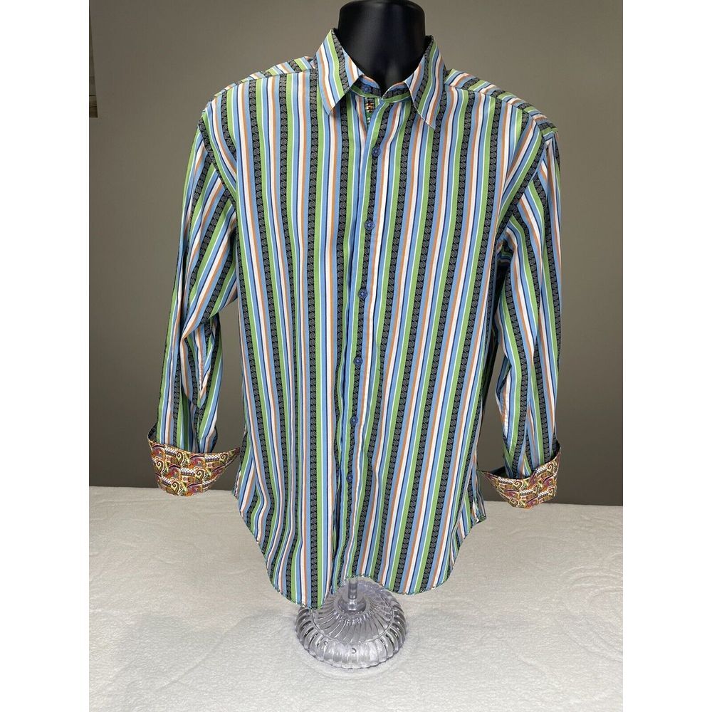 Robert Graham Button Up Long Sleeve Shirt Men Blue/ Green/orange Striped size L.